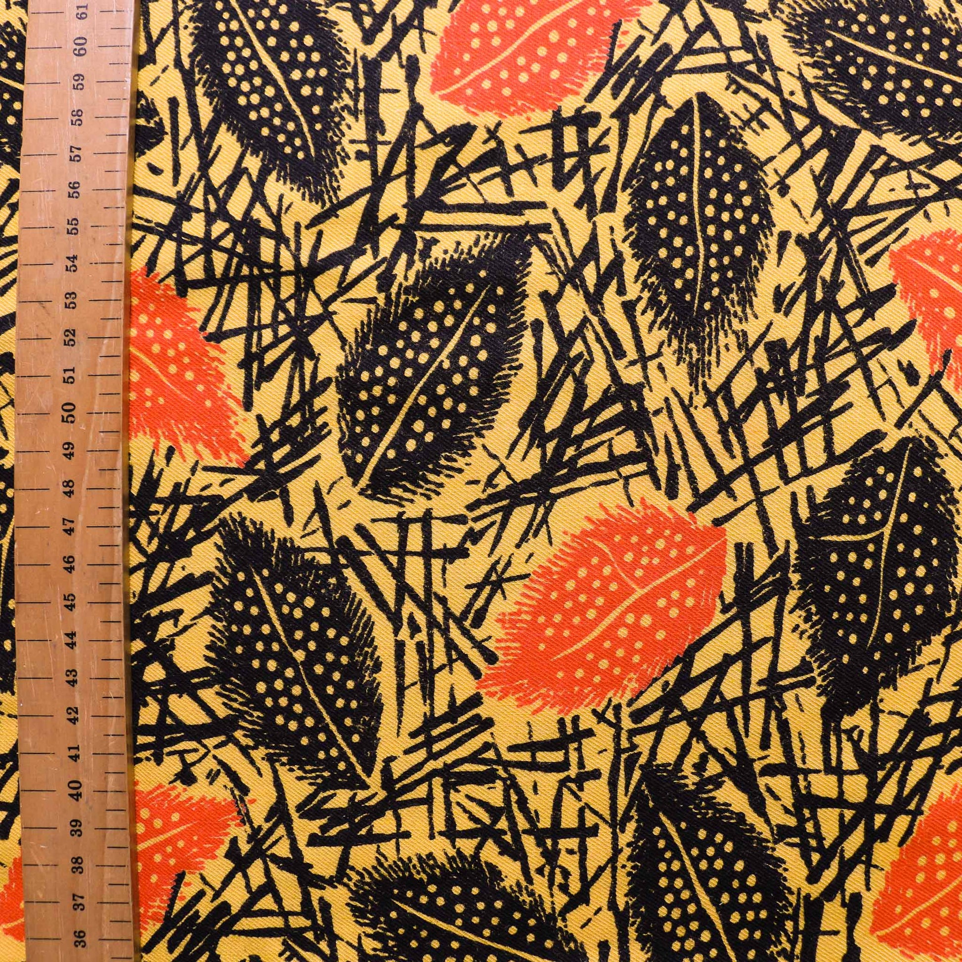 metre yellow vintage cotton twill dressmaking fabric for eco friendly sewing with leaves design prints