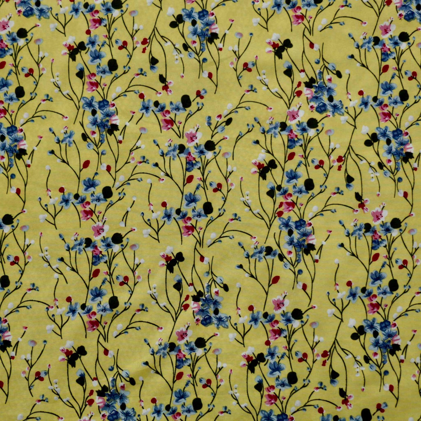yellow chiffon polyester stretchy dressmaking fabric with blue and maroon flowers