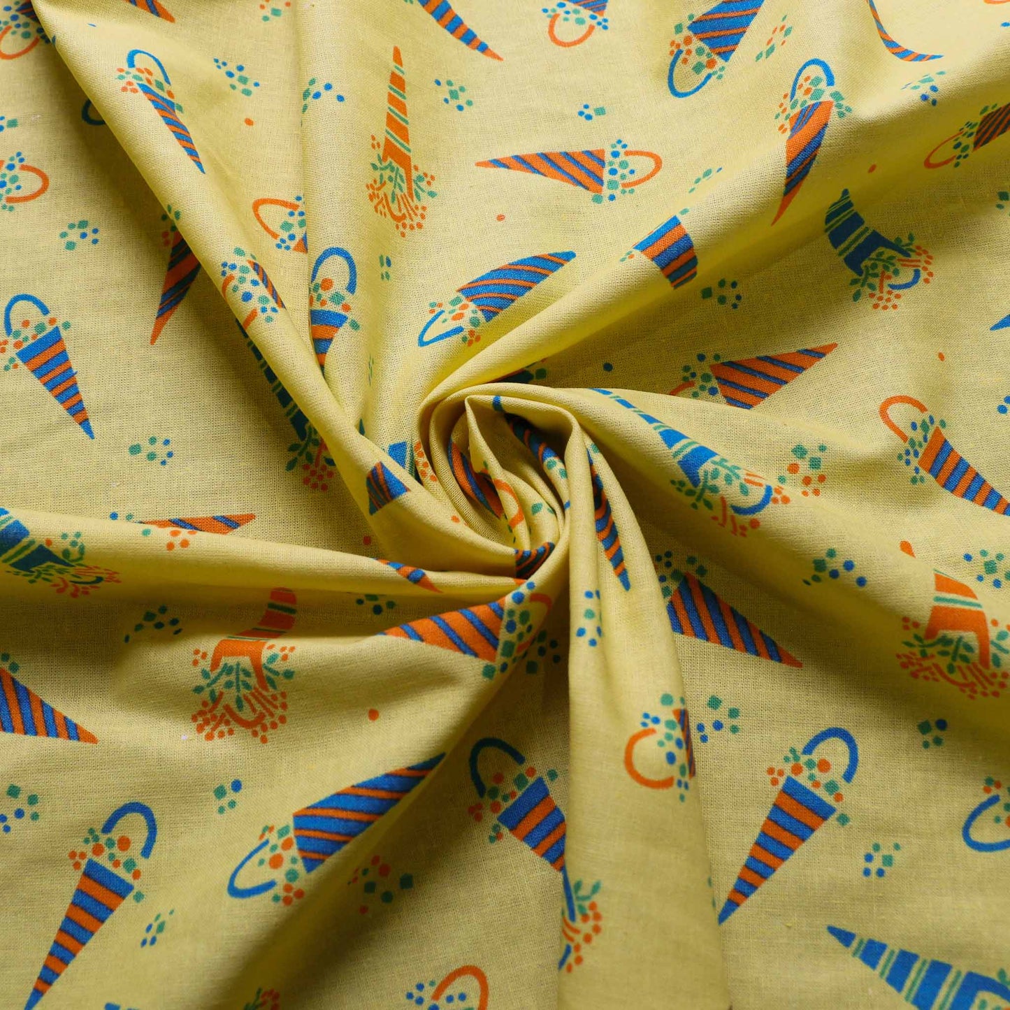 sustainable yellow retro cotton with hanging flower basket print