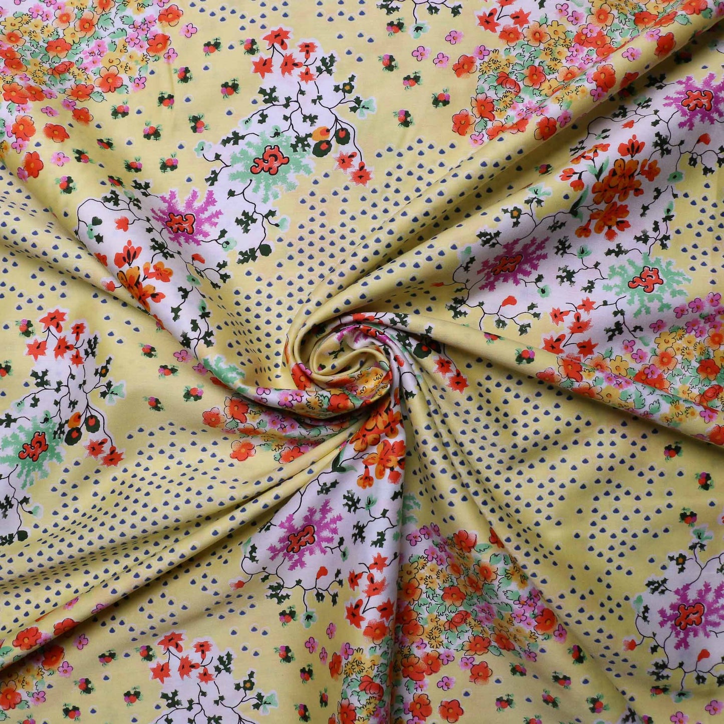 yellow cotton lawn dressmaking fabric with multicoloured floral print